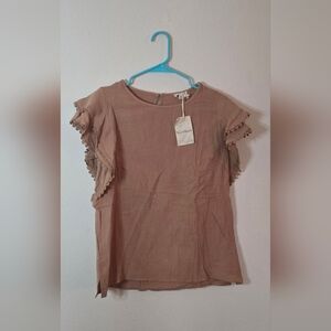 Hem & Thread Ruffle Sleeve Cotton Blouse Top Brown Tan Bohemian New Size Large